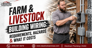 Licensed electrician installing weatherproof wiring in a livestock barn in West Virginia